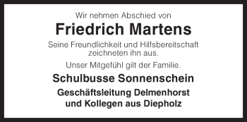 Traueranzeige von Friedrich Martens von KREISZEITUNG SYKE