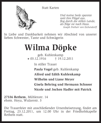 Traueranzeige von Wilma Döpke von KREISZEITUNG SYKE