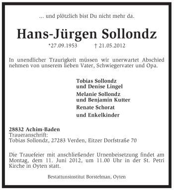 Traueranzeige von Hans-Jürgen Sollondz von KREISZEITUNG SYKE