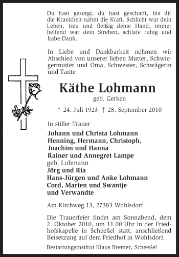 Traueranzeige von Käthe Lohmann von KREISZEITUNG SYKE