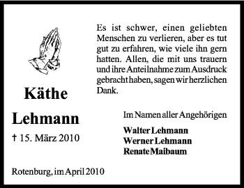 Traueranzeige von Käthe Lehmann von KREISZEITUNG SYKE