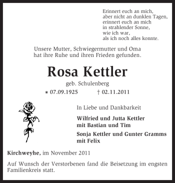 Traueranzeige von Rosa Kettler von KREISZEITUNG SYKE