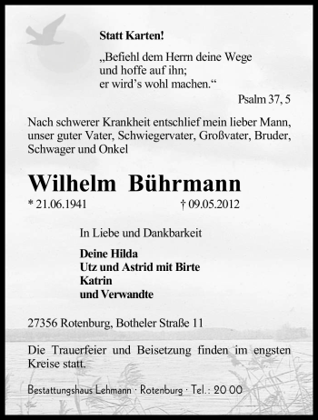 Traueranzeige von Wilhelm Bührmann von KREISZEITUNG SYKE