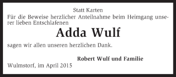 Traueranzeige von Adda Wulf von KRZ