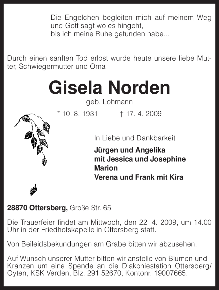  Traueranzeige für Gisela Norden vom 20.04.2009 aus KREISZEITUNG SYKE