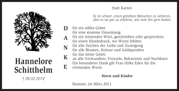 Traueranzeige von Hannelore Schitthelm von KREISZEITUNG SYKE