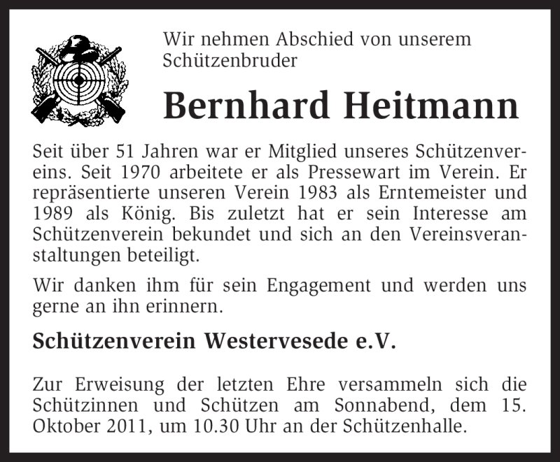  Traueranzeige für Bernhard Heitmann vom 12.10.2011 aus KREISZEITUNG SYKE