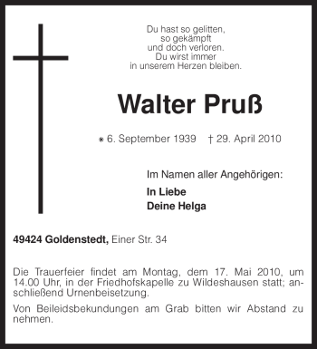 Traueranzeige von Walter Pruß von KREISZEITUNG SYKE