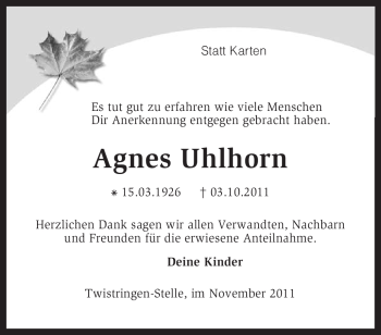 Traueranzeige von Agnes Uhlhorn von KREISZEITUNG SYKE