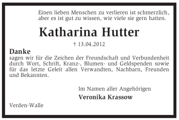 Traueranzeige von Katharina Hutter von KREISZEITUNG SYKE