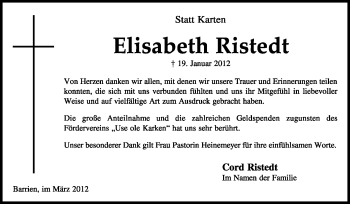 Traueranzeige von Elisabeth Ristedt von KREISZEITUNG SYKE