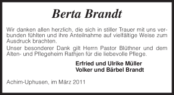 Traueranzeige von Berta Brandt von KREISZEITUNG SYKE