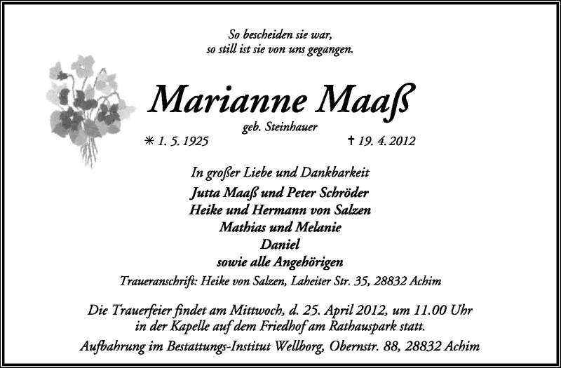  Traueranzeige für Marianne Maaß vom 21.04.2012 aus KREISZEITUNG SYKE