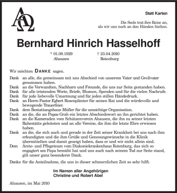 Traueranzeige von Bernhard Hinrich Hasselhoff von KREISZEITUNG SYKE