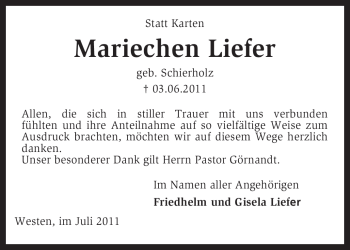 Traueranzeige von Mariechen Liefer von KREISZEITUNG SYKE