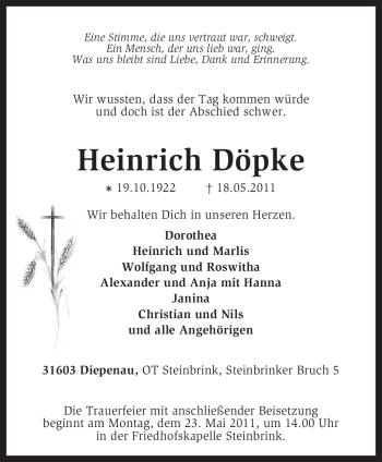 Traueranzeige von Heinrich Döpke von KREISZEITUNG SYKE