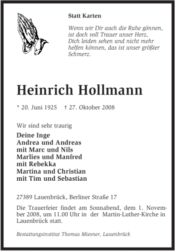 Traueranzeige von Heinrich Hollmann von KREISZEITUNG SYKE