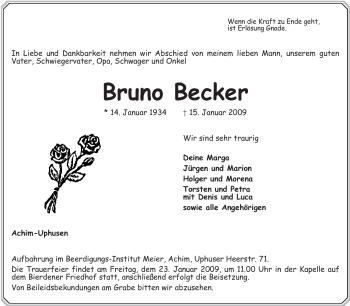 Traueranzeige von Bruno Becker von KREISZEITUNG SYKE