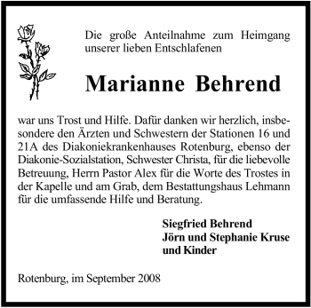 Traueranzeige von Marinne Behrend von KREISZEITUNG SYKE