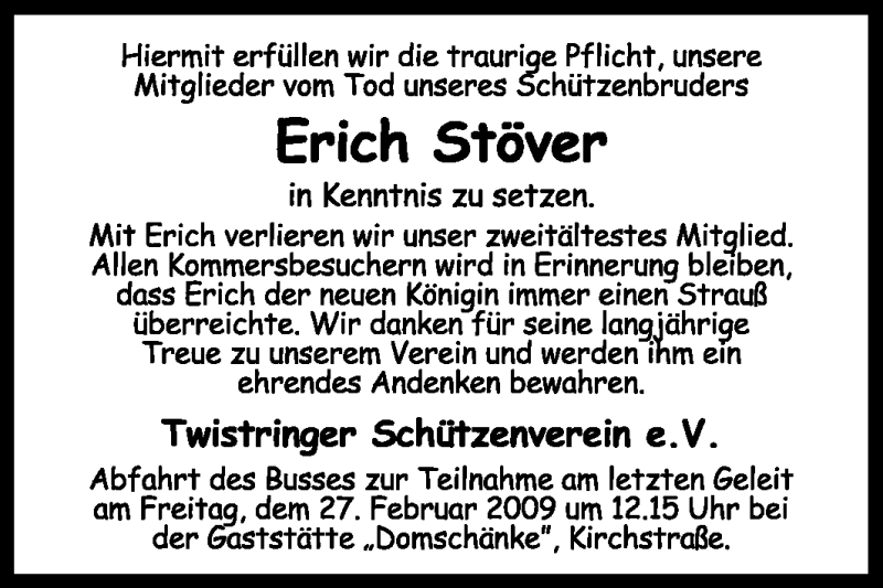  Traueranzeige für Erich Stöver vom 25.02.2009 aus KREISZEITUNG SYKE