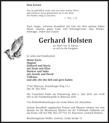 Traueranzeige von Gerhard Holsten von KREISZEITUNG SYKE