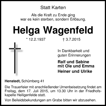 Traueranzeige von Helga Wagenfeld von KRZ