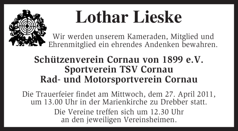  Traueranzeige für Lothar Lieske vom 27.04.2011 aus KREISZEITUNG SYKE