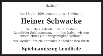 Traueranzeige von Heiner Schwacke von KREISZEITUNG SYKE