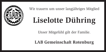 Traueranzeige von Liselotte Dühring von KREISZEITUNG SYKE