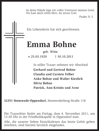 Traueranzeige von Emma Bohne von KREISZEITUNG SYKE