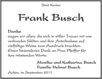 Traueranzeige von Frank Busch von KREISZEITUNG SYKE