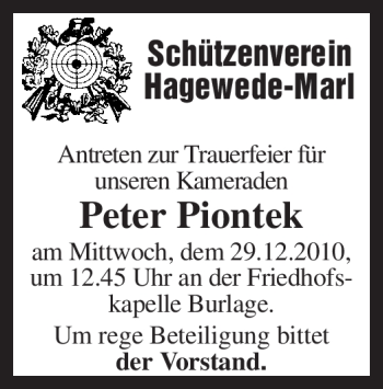 Traueranzeige von Peter Piontek von KREISZEITUNG SYKE