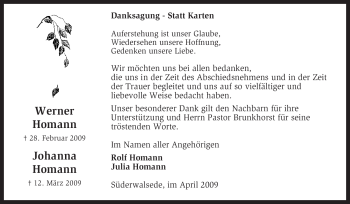 Traueranzeige von Johanna Homann von KREISZEITUNG SYKE