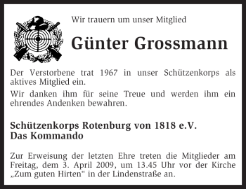 Traueranzeige von Günter Grossmann von KREISZEITUNG SYKE