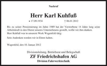 Traueranzeige von Karl Kuhfuß von KREISZEITUNG SYKE