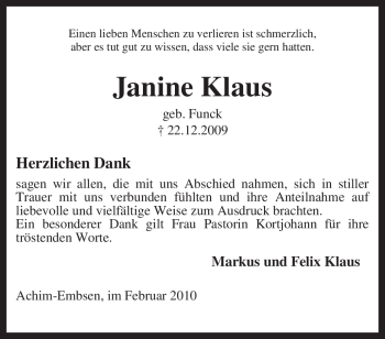 Traueranzeige von Janine Klaus von KREISZEITUNG SYKE