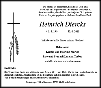 Traueranzeige von Heinrich Diercks von KREISZEITUNG SYKE