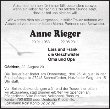 Traueranzeige von Anne Rieger von KREISZEITUNG SYKE