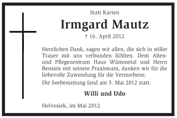 Traueranzeige von Irmgard Mautz von KREISZEITUNG SYKE