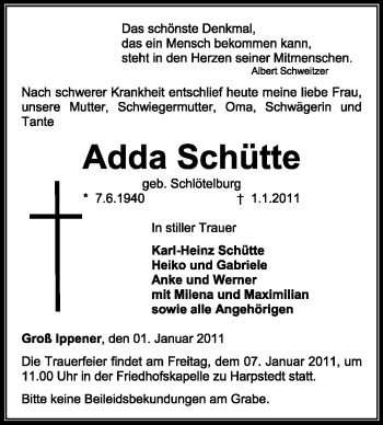 Traueranzeige von Adda Schütte von KREISZEITUNG SYKE