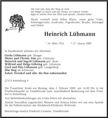 Traueranzeige von Heinrich Lüdemann von KREISZEITUNG SYKE