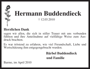 Traueranzeige von Hermann Buddendieck von KREISZEITUNG SYKE