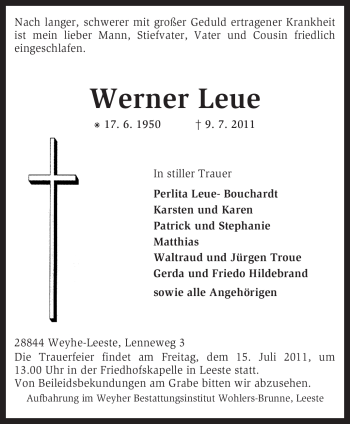 Traueranzeige von Werner Leue von KREISZEITUNG SYKE