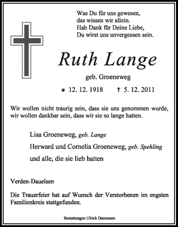 Traueranzeige von Ruth Lange von KREISZEITUNG SYKE