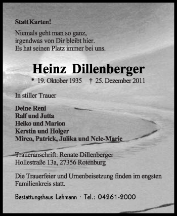 Traueranzeige von Heinz Dillenberger von KREISZEITUNG SYKE