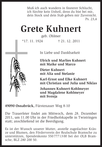 Traueranzeige von Grete Kuhnert von KREISZEITUNG SYKE