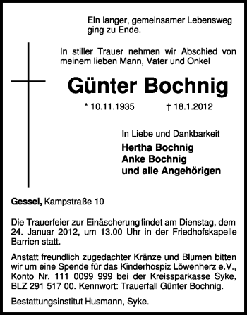 Traueranzeige von Günter Bochnig von KREISZEITUNG SYKE