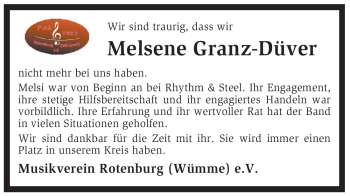 Traueranzeige von Melsene Granz-Düver von KREISZEITUNG SYKE