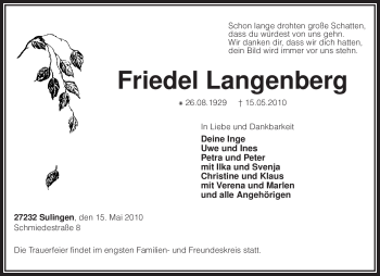 Traueranzeige von Friedel Langenberg von KREISZEITUNG SYKE