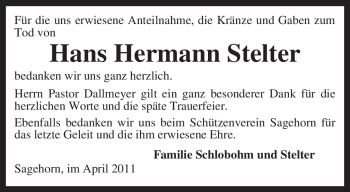 Traueranzeige von Hans Hermann Stelter von KREISZEITUNG SYKE